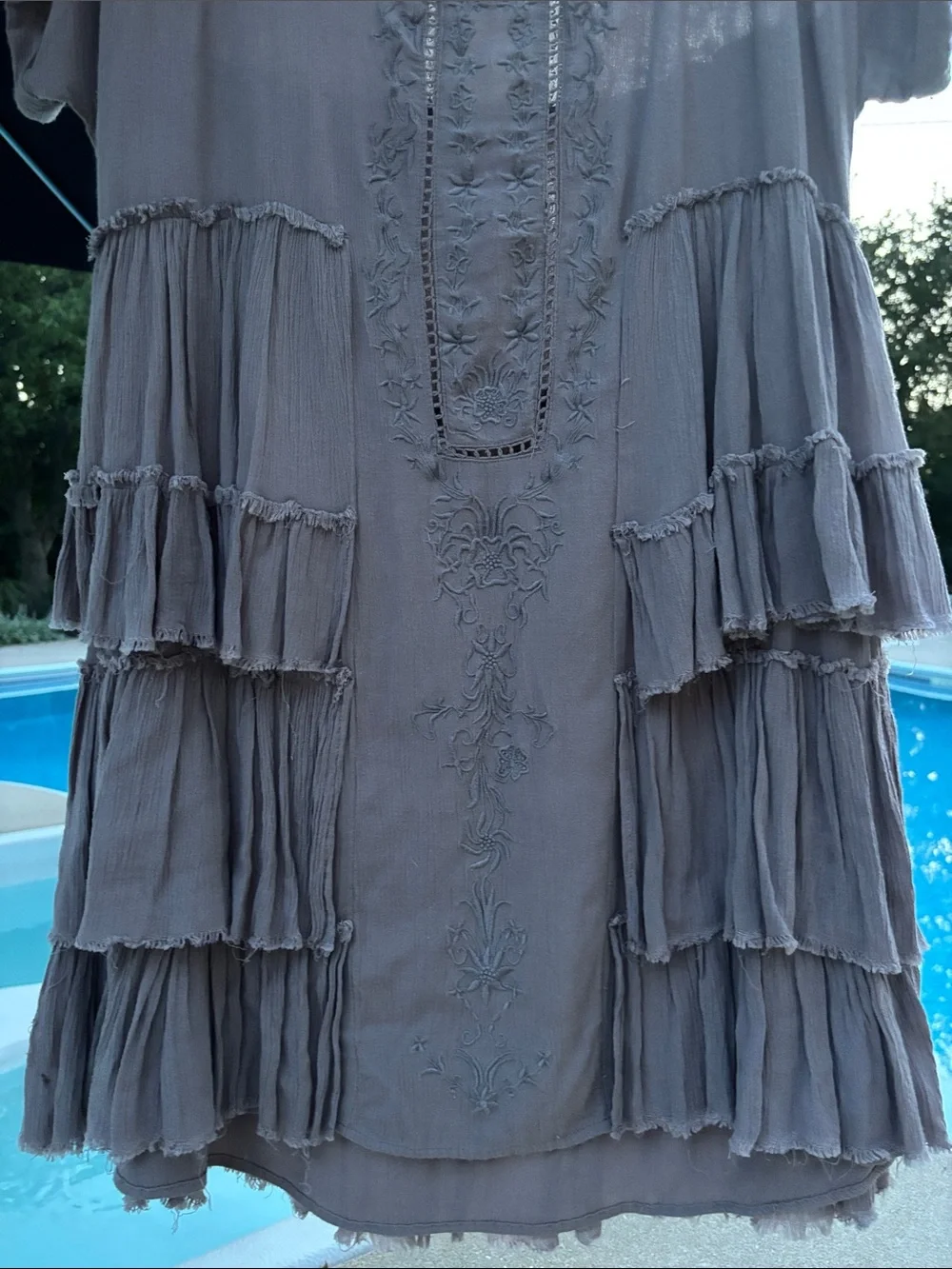 FP Gray Lavender Taupe Tiered Ruffle Lace Baby Doll Cap sleeve Tunic L XL fit